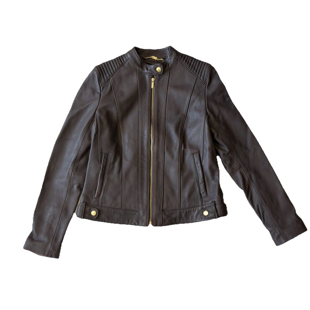 COLE HAAN Seamed Lambskin  Leather Racer  Moto JACKET Women Brown Sz Med